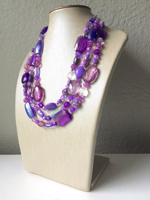 Purple Chunky Statement Necklace - Triple Strand Beaded Jewelry - lilac lavendar eggplant jewelry -bridsmaid wedding