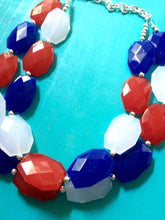 Load image into Gallery viewer, 4th of July Double Layer statement necklace with silver accents - Chunky Jewelry Patriotic America Red White and Blue beads