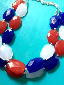 4th of July Double Layer statement necklace with silver accents - Chunky Jewelry Patriotic America Red White and Blue beads