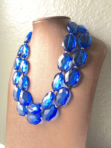 Blue 2 Strand Statement Necklace - Chunky Royal Blue Oval Beaded Bib Jewelry