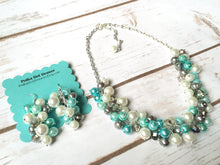 Load image into Gallery viewer, Robins Egg Blue 3 Piece Jewelry Set - Necklace, Earrings, Bracelet - Wedding Bridesmaid Personalized Pearl cluster