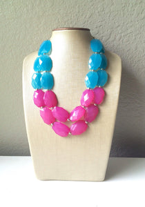 Pink and Blue Double Layer statement necklace with silver accents - bib gender reveal party jewelry - color block