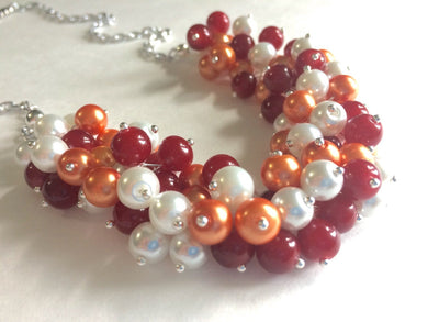 Maroon & Orange Cluster Necklace - Virginia Jewelry necklace, orange maroon and white pearl necklace, beaded football necklace