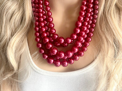 Five Strand Red chunky statement necklace & earrings, big bead jewelry gifts for women, bib jewelry pearl necklace, beaded jewelry