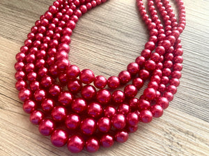 Five Strand Red chunky statement necklace & earrings, big bead jewelry gifts for women, bib jewelry pearl necklace, beaded jewelry