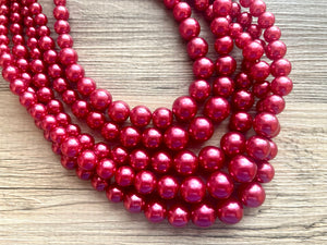 Five Strand Red chunky statement necklace & earrings, big bead jewelry gifts for women, bib jewelry pearl necklace, beaded jewelry