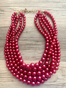 Five Strand Red chunky statement necklace & earrings, big bead jewelry gifts for women, bib jewelry pearl necklace, beaded jewelry