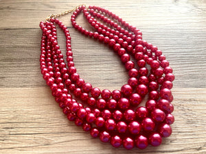 Five Strand Red chunky statement necklace & earrings, big bead jewelry gifts for women, bib jewelry pearl necklace, beaded jewelry